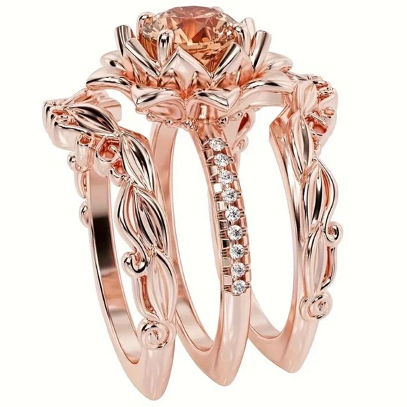 New RARE Radiant Blossom Queen Rose Gold Filled Lotus Multi Ring Set - Picture 2 of 3